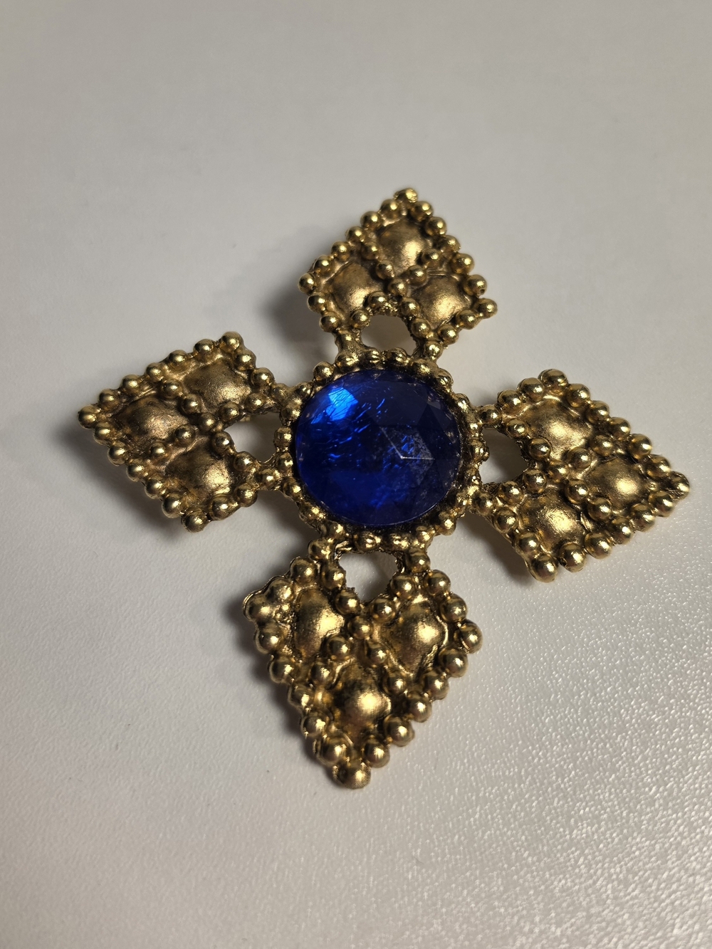 Statement Gold Tone Brooch Pin with Blue Rhinestone